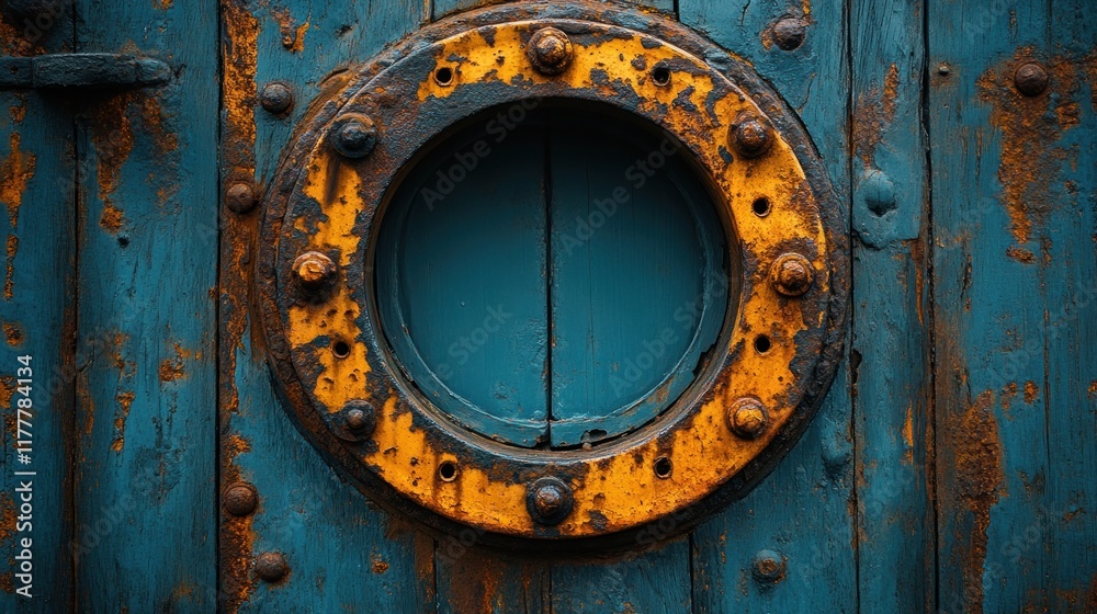 Sticker Rusted porthole on weathered blue door.