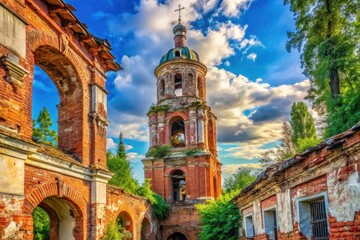 Summer sun bathes crumbling red brick and peeling paint as an abandoned Russian bell tower, overgrown roof, stands in silent ruin.
