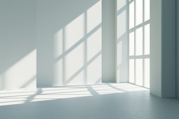 Fototapeta premium Minimalist Product Presentation: Sunlit Empty Room with White Wall and Modern Flooring