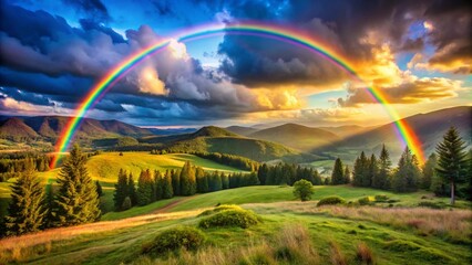 Fototapeta premium A rainbow background is over the river in Realistic Rainbow Scenery Showing in nature. 