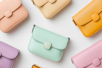 Colorful pastel handbags arranged in stylish pattern on white background