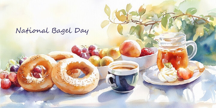Watercolor illustration for National Bagel Day featuring bagels with fresh fruits, coffee, honey, and whipped cream on a sunlit outdoor table. - Powered by Adobe