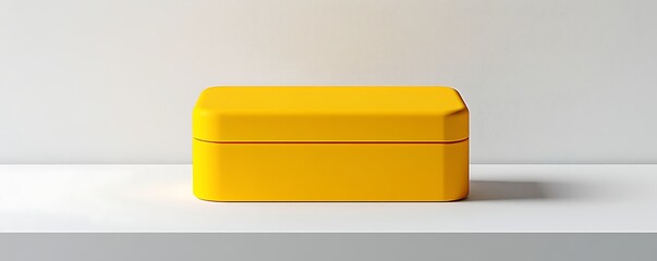 Realistic mockup of a sleek yellow cardboard pill box, minimalistic design, placed on a white surface