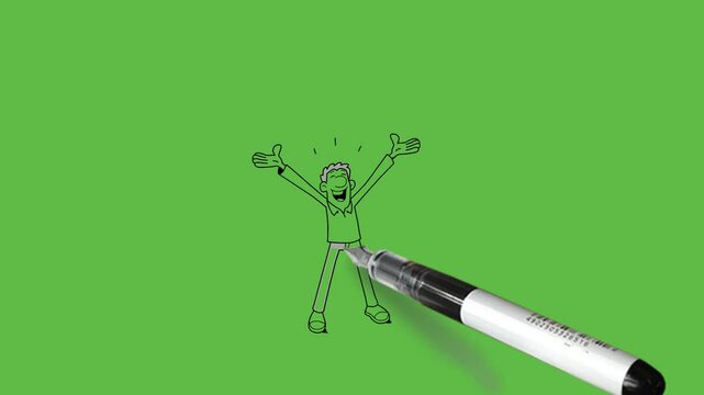 draw happy young man stand straight hold both arms outstretched with open hand upward and straddle legs with black outline on abstract green screen background     
