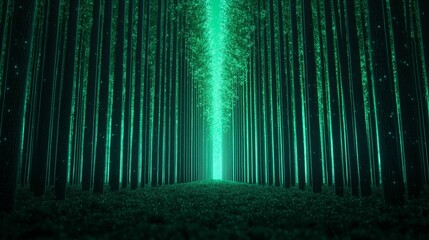 economic and windfall concept. A mystical forest illuminated by green light, creating an enchanting atmosphere.