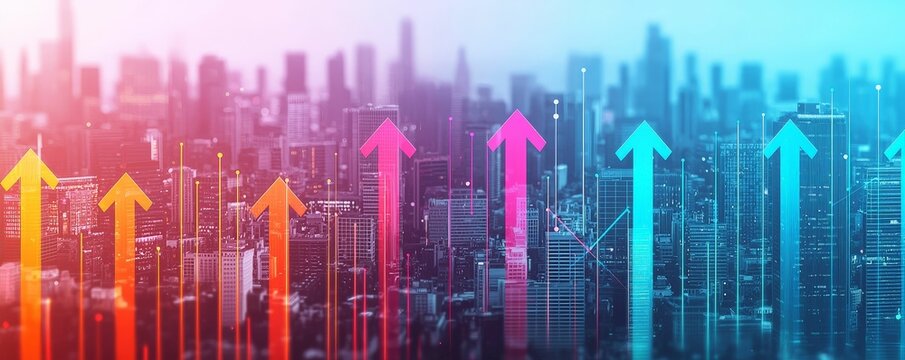 economic and windfall concept. Colorful upward arrows against a city skyline, symbolizing growth and progress.