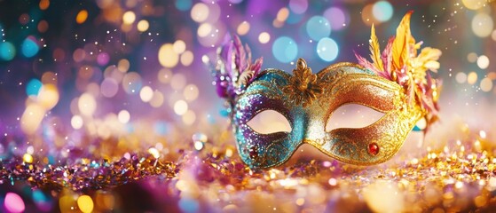 Sparkling Venetian Carnival Mask on Glittering Confetti