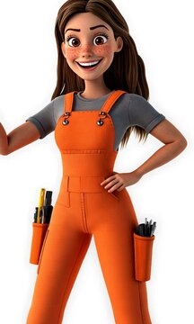 Animated character in orange overalls pointing confidently.