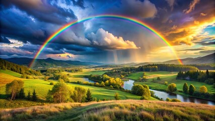 Naklejka premium Summer landscape with a rainbow background. 
