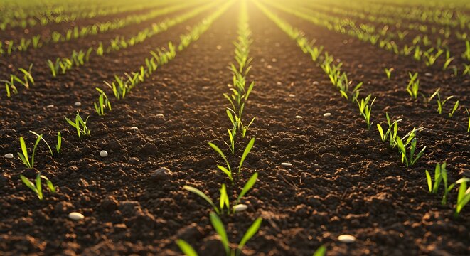 Seeds scattered on fertile soil under radiant sun with sprouts symbolizing spiritual growth