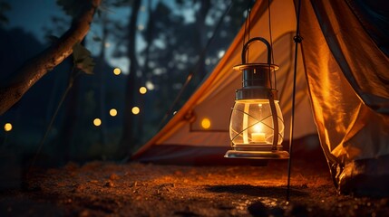 A photo of a tent illuminated from within