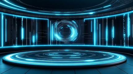 Futuristic empty stage showing rotating circular lights and data processing displaying on screen panels