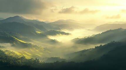 Fototapeta premium Serene morning view of rolling hills covered in mist and illuminated by soft sunlight