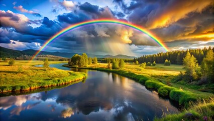 Obraz premium Rainbow background in the Sky Over view . Ai Generator. 