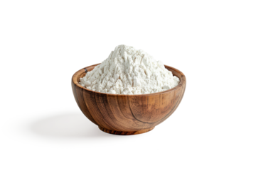 White flour in a wooden bowl with a wooden spoon on a transparent background