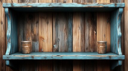 Rustic Wooden Shelf with Blue Trim Against Weathered Wooden Wall Showcasing Two Glass Jars in a Cozy Country Home Vibe Suitable for Various Interior Design Projects