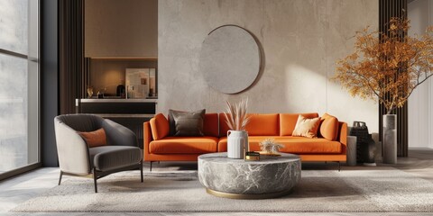 Modern Living Room Interior with Orange Sofa, Gray Armchair, and Stone Coffee Table Against Beige Wall