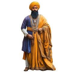 A regal Sikh man in vibrant traditional clothing and ornate jewelry stands against a white background.