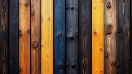 Obraz premium Vibrant and Textured Wooden Planks in Various Shades of Brown, Black, and Yellow, Creating a Unique and Rustic Background for Design and Decoration