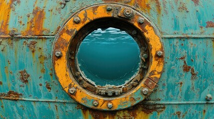 Rusty metal sphere porthole with underwater view.