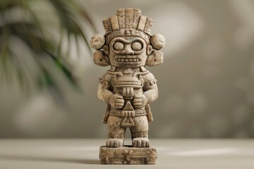 Ancient mayan statue standing on a stone pedestal, representing a deity or important figure from mayan civilization