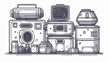 Whimsical illustration of retro-futuristic appliances and containers. Ideal for children's books, games, or any project needing a touch of quirky sci-fi charm.