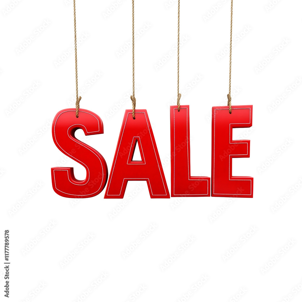 Poster A 3D rendering shows the word SALE in large red letters hanging from thin beige strings against a white background.