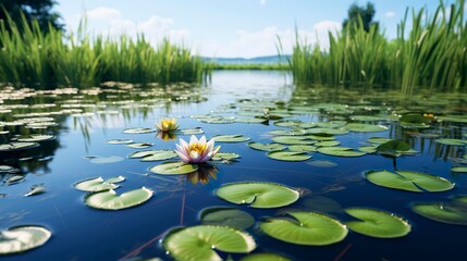 A photo of a tranquil pond with lily pads
