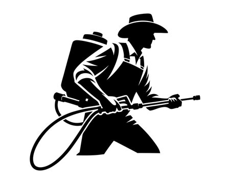 recommend clip art:  Farmer silhouette holding sprayer and in process of spraying. Clipart image isolated on white background 