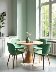 Fototapeta premium Mint-green chairs surrounding a round wooden dining table, set in a Scandinavian-designed ro