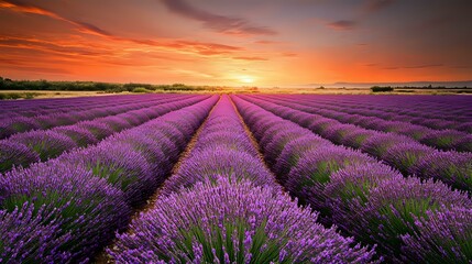 Obraz premium Vibrant lavender field in full bloom under a warm sunset sky