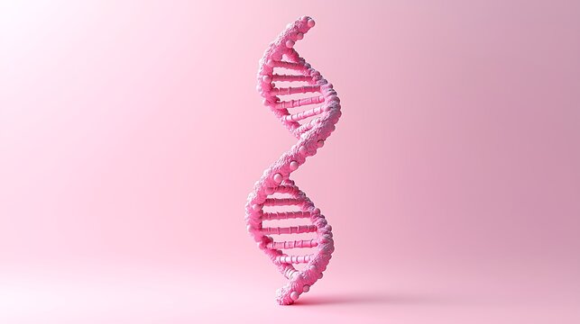 Pink DNA helix model, science background, genetic research, healthcare concept.