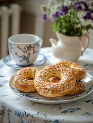 Delicious salted pretzels served on a charming tablecloth with a cozy setting