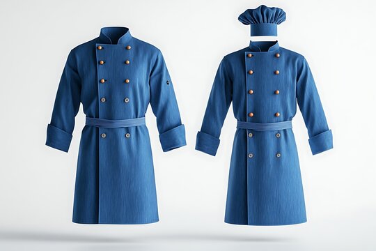 Solid blue chef uniform mockup set, front view with toque and coatee for kitchen professionals