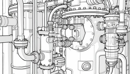 Intricate line drawing of industrial machinery ideal for technical manuals engineering diagrams or manufacturing blueprints. Suggests complex systems and precision engineering.