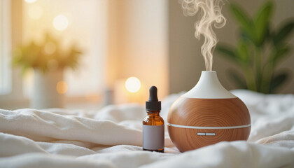 Soothing essential oils diffuser in cozy bedroom, Spring wellness