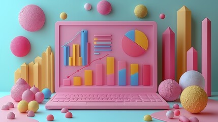 Pink laptop displays data charts; pastel shapes surround it; business analytics concept.