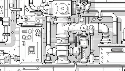 Intricate line art of complex machinery with pipes, gauges, and control panels. Ideal for industrial backgrounds, blueprints, or coloring pages.