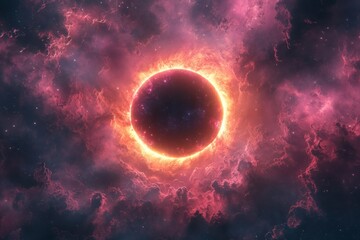 Obraz premium Surreal solar eclipse transforms into a glowing golden ring surrounded by dreamy nebulae