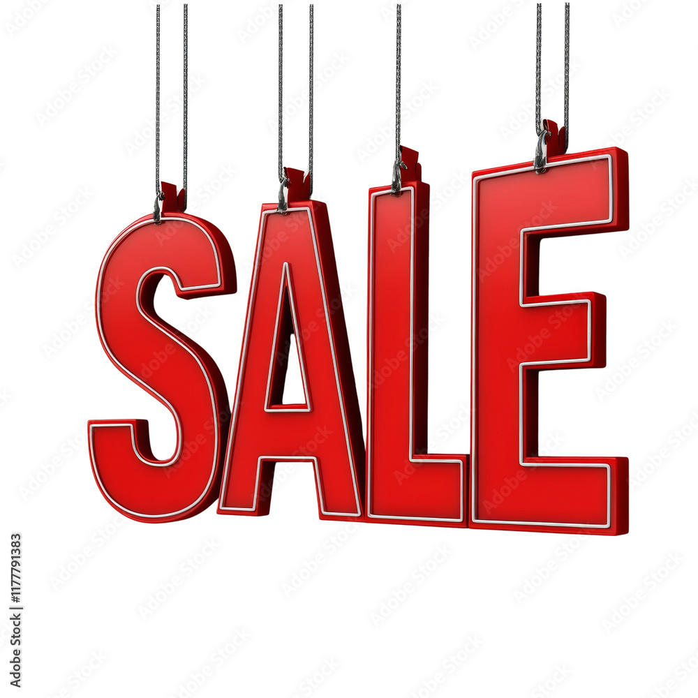 Poster a three dimensional red sale sign hangs from strings against a white background advertising discount