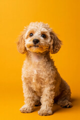 Curious small dog against orange background. Pet portrait