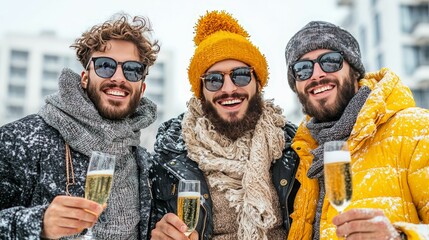 economic and windfall concept. Three friends celebrate outdoors in winter attire, holding champagne glasses amid falling snow.
