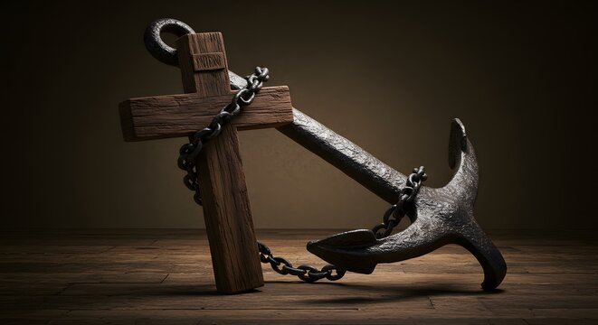 Wooden cross intertwined with anchor symbolizing steadfast hope and faith in Christ