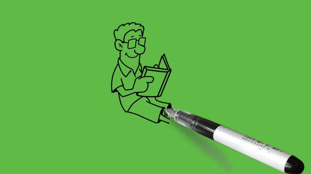 draw young man sit with legs spread on rest seat read book hold in both hand wear spectacles with black outline on abstract green screen background    
