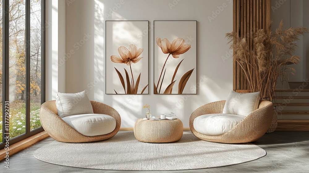 Sticker Modern living room with rattan chairs, coffee table, and floral art.