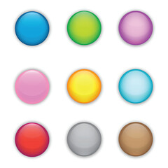 Big set of colorful glossy badge or button. 3d render. Round plastic pin, emblem, volunteer label. Vector.