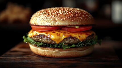 Juicy Cheeseburger with Melted Cheese, Fresh Tomato Slices, and Crisp Lettuce Served on a Toasted Sesame Seed Bun in a Rustic Setting