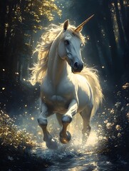 Powerful Unicorn Galloping Through Serene Moonlit Forest with Glowing Horn and Ethereal Mist