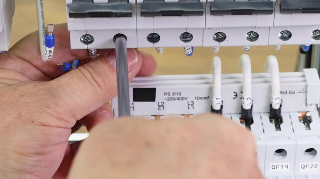 Installation of electrical wiring wires with a screwdriver in the electrical switchboard. Soft focus. 