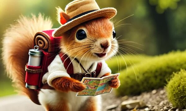 Close up squirrel character walking outdoor holding map and backpack in summer forest hiking and talking